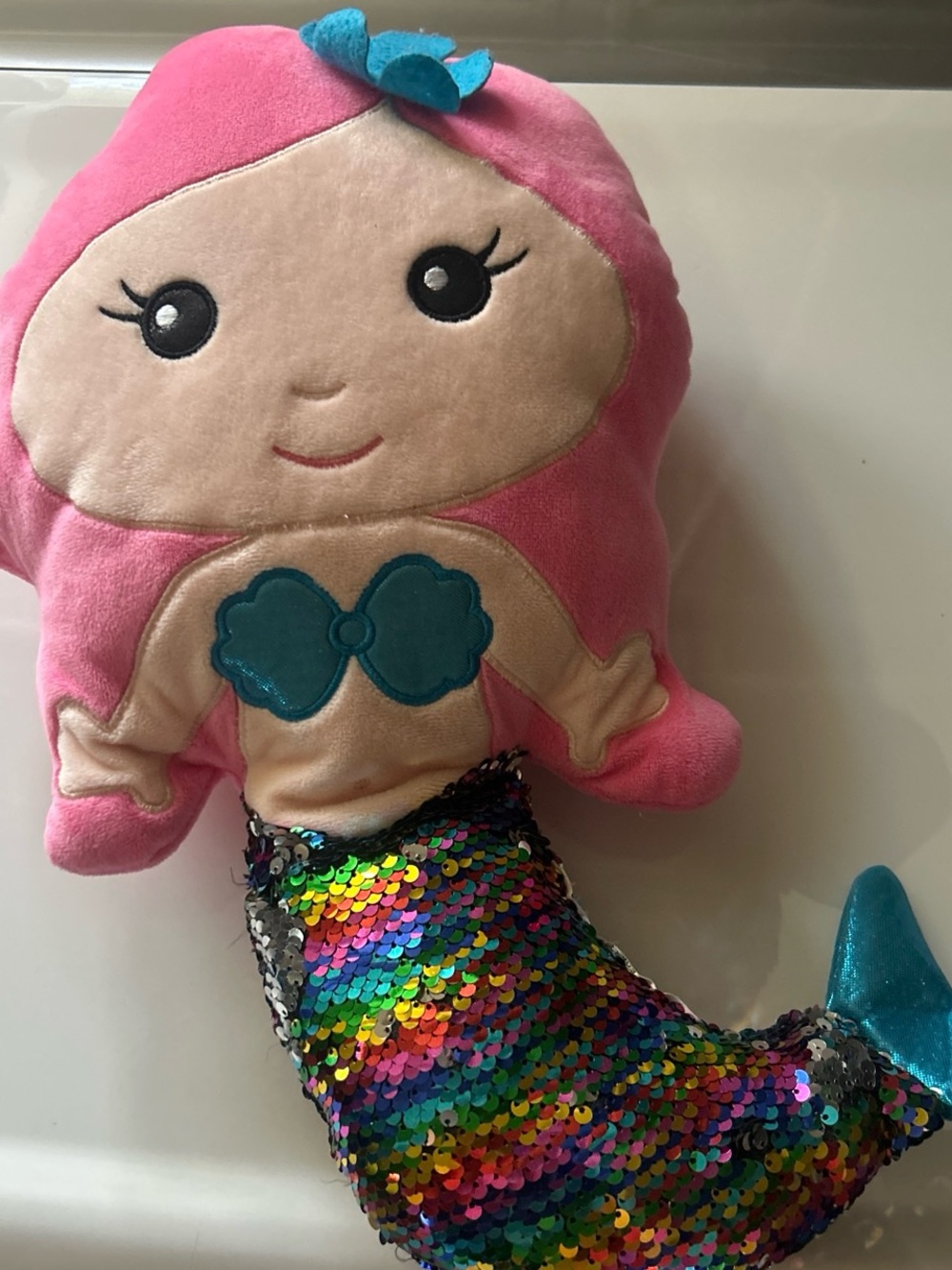 Plush Mermaid Doll with Pink Hair and Multicolor Sequin Tail
